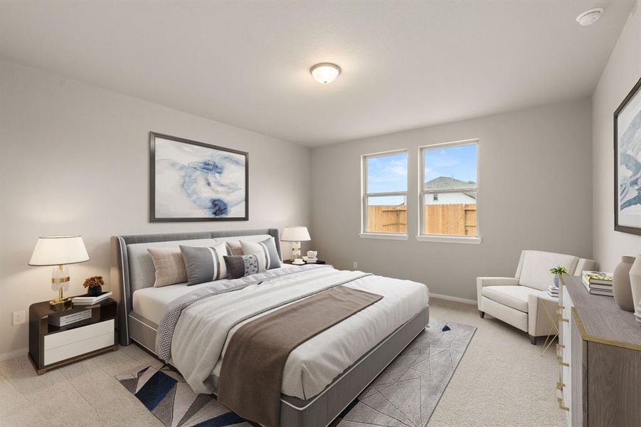 The primary bedroom is generously sized, creating a tranquil and spacious retreat that offers ample room for relaxation. Featuring plush carpet, high ceilings, fresh paint, and large windows that lets in natural lighting throughout the day.