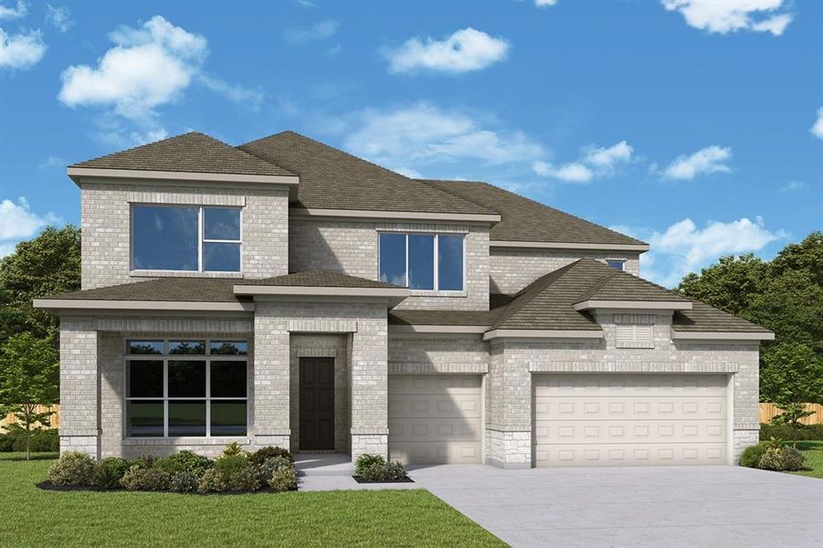Two-story residence featuring light-colored brick and stone accents Two-story residence featuring light-colored brick and stone accents
