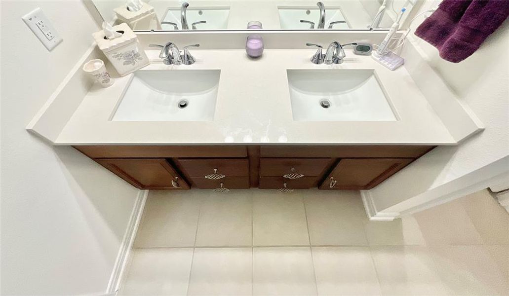 View of double sink and chrome faucets.