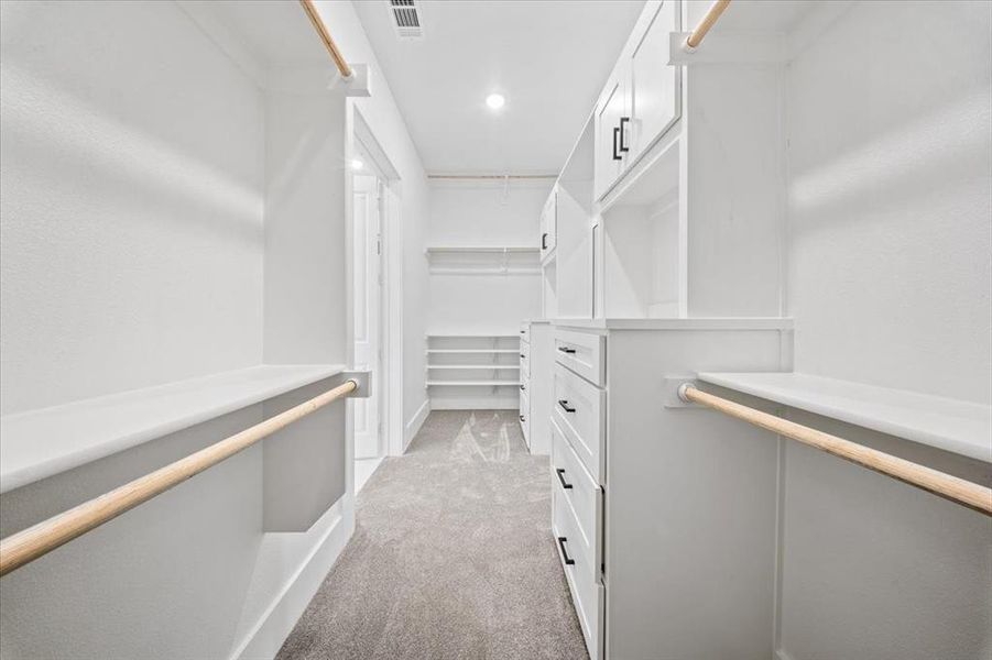 Walk in closet with light carpet