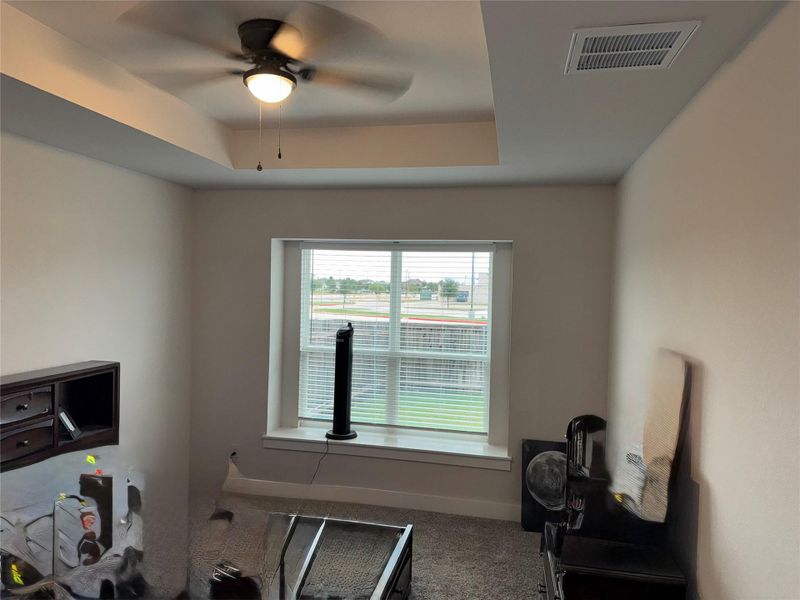 Carpeted bedroom with a raised ceiling and ceiling fan