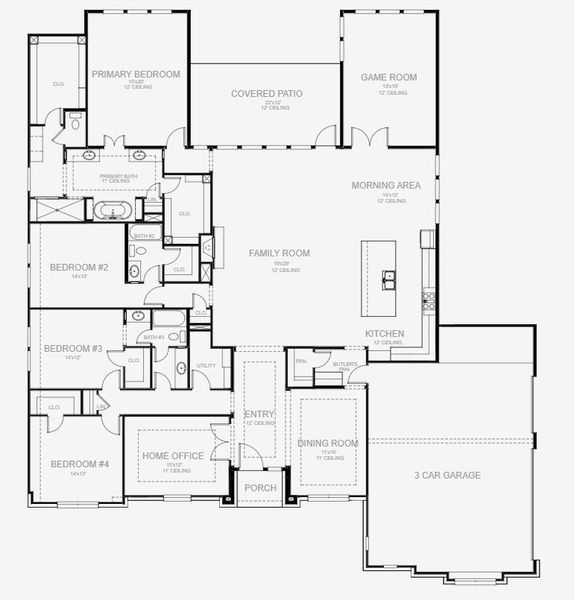 2D floor plan layout for the 3602A by Perry Homes in Thornebrook 1 Acre, Bulverde, TX (Image 3). 2D floor plan layout for the 3602A by Perry Homes in Thornebrook 1 Acre, Bulverde, TX (Image 3).
