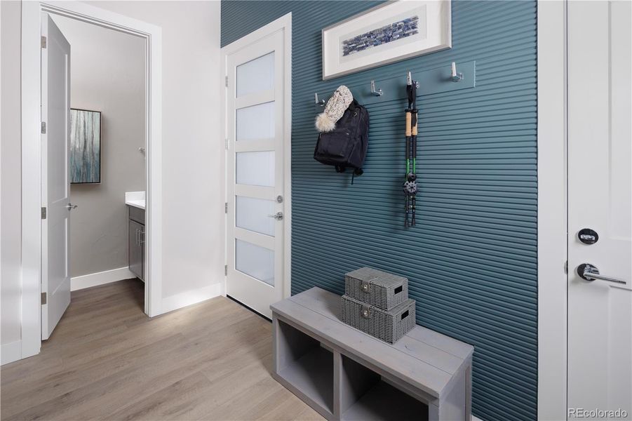 Drop zone & Powder bath: Photos for representation only Specific colors, finishes, layout, & appliances for this home may differ.