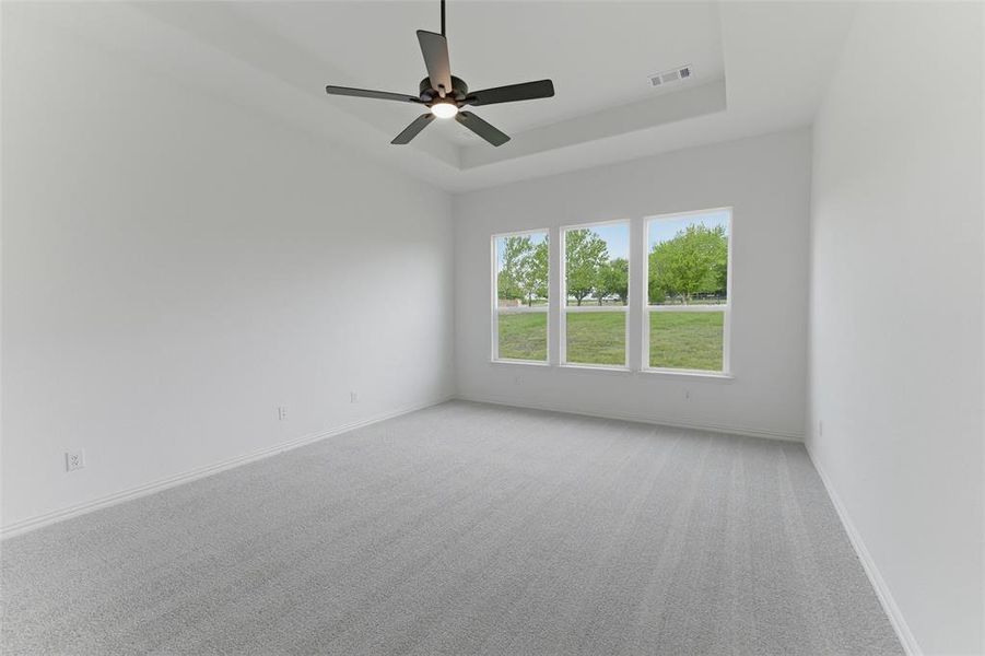 This inviting room features a tray ceiling with a ceiling fan, light gray carpet, and three large windows providing views of green trees and a grassy area
