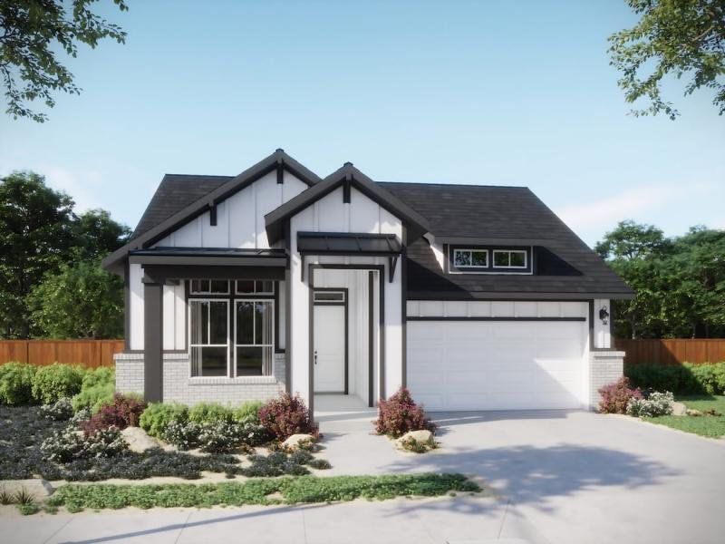 Front exterior of a new home in Persimmon, Buda, TX, highlighting curb appeal (Image 3).