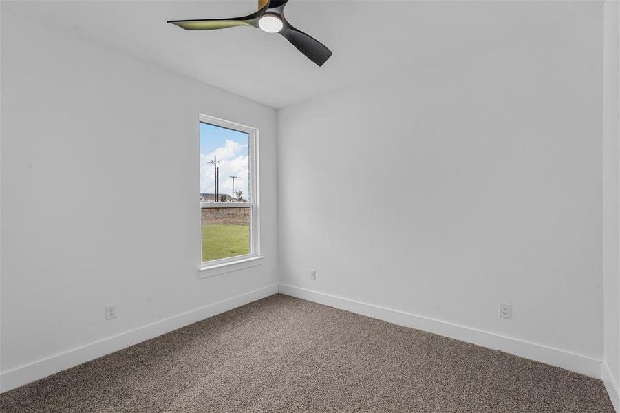 Carpeted empty room featuring baseboards and ceiling fan Carpeted empty room featuring baseboards and ceiling fan