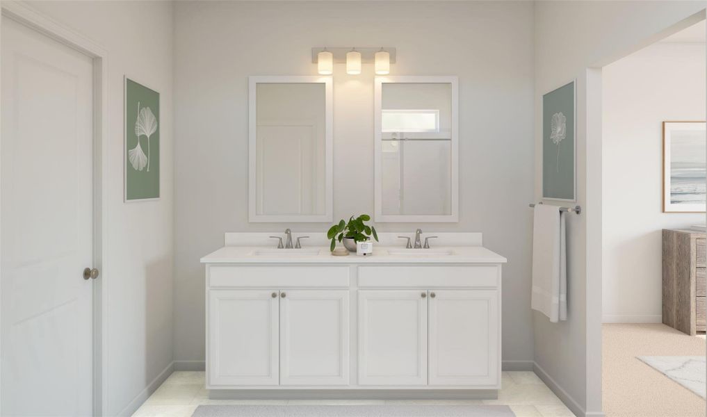 Relaxing primary bath with dual sinks (*Artist rendering used for illustration purposes only.) Relaxing primary bath with dual sinks (*Artist rendering used for illustration purposes only.)
