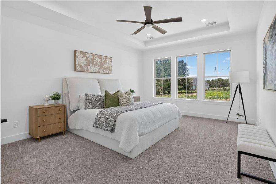 Spacious bedroom featuring a tray ceiling, ceiling fan, triple windows, and neutral carpeting
