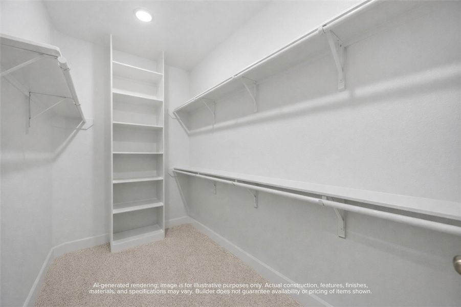 Space for Everything: Miles of hang space and custom shelves adorn boatloads of storage across two distinct primary closets.