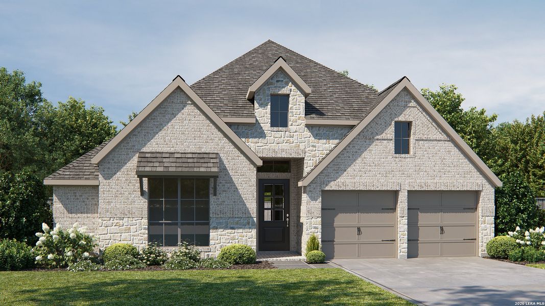 Front exterior of a new home in Johnson Ranch, Bulverde, TX, highlighting curb appeal (Image 1). Front exterior of a new home in Johnson Ranch, Bulverde, TX, highlighting curb appeal (Image 1).