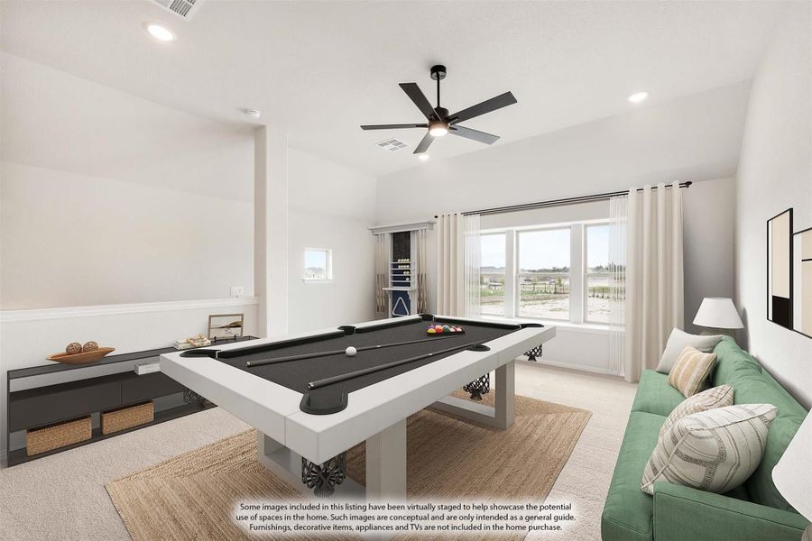 Game room with pool table, ceiling fan, vaulted ceiling, and green sofa near large windows