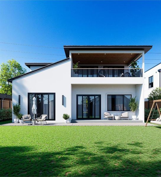 Rear view of property with an outdoor living space, a patio area, a lawn, and a balcony Rear view of property with an outdoor living space, a patio area, a lawn, and a balcony
