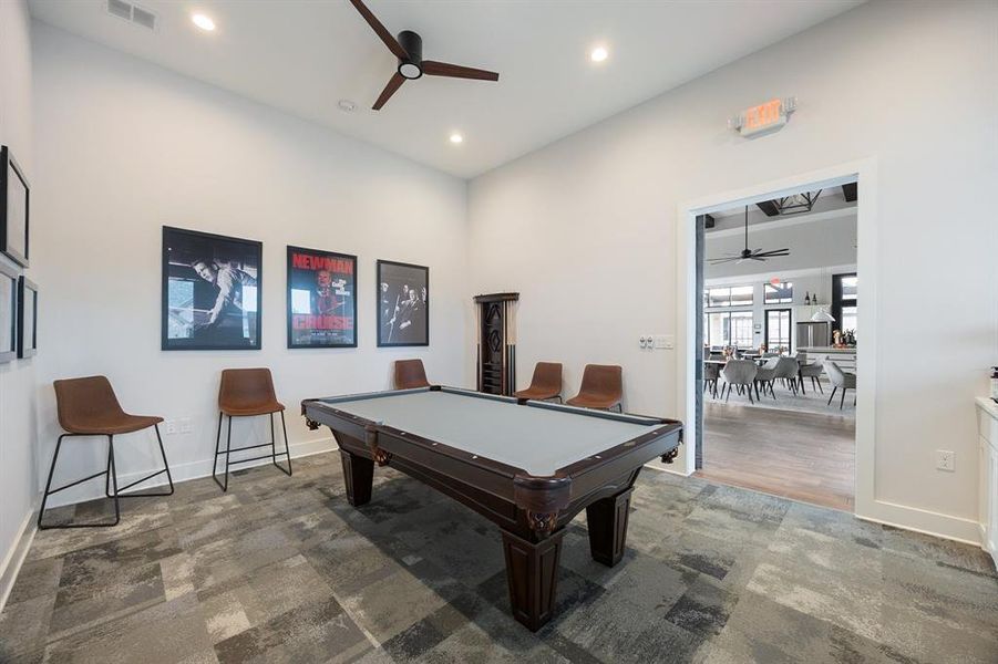 Gameroom in clubhouse with a ceiling fan, pool table, and recessed lighting