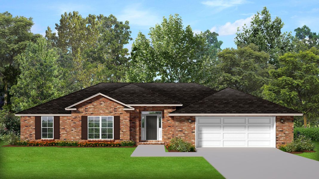 Representative exterior photo of a completed home built from the Plan 1740 by Adams Homes in Ashton View, Crestview, FL (Image 2). Representative exterior photo of a completed home built from the Plan 1740 by Adams Homes in Ashton View, Crestview, FL (Image 2).