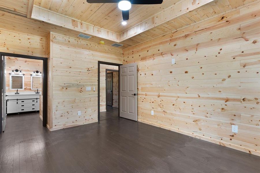 Unfurnished bedroom with wood ceiling, wood walls, a sink, and visible vents Unfurnished bedroom with wood ceiling, wood walls, a sink, and visible vents