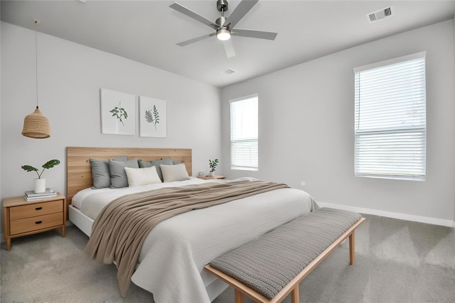 *Virtually Staged* Primary Bedroom. Sample photo of completed home with similar floor plan. Actual colors and selections may vary.