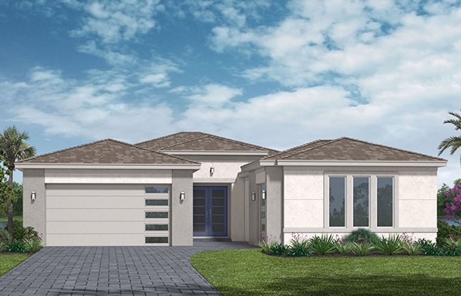 Representative exterior photo of a completed home built from the Woodlark by Minto Communities in Westlake, Loxahatchee, FL (Image 5).