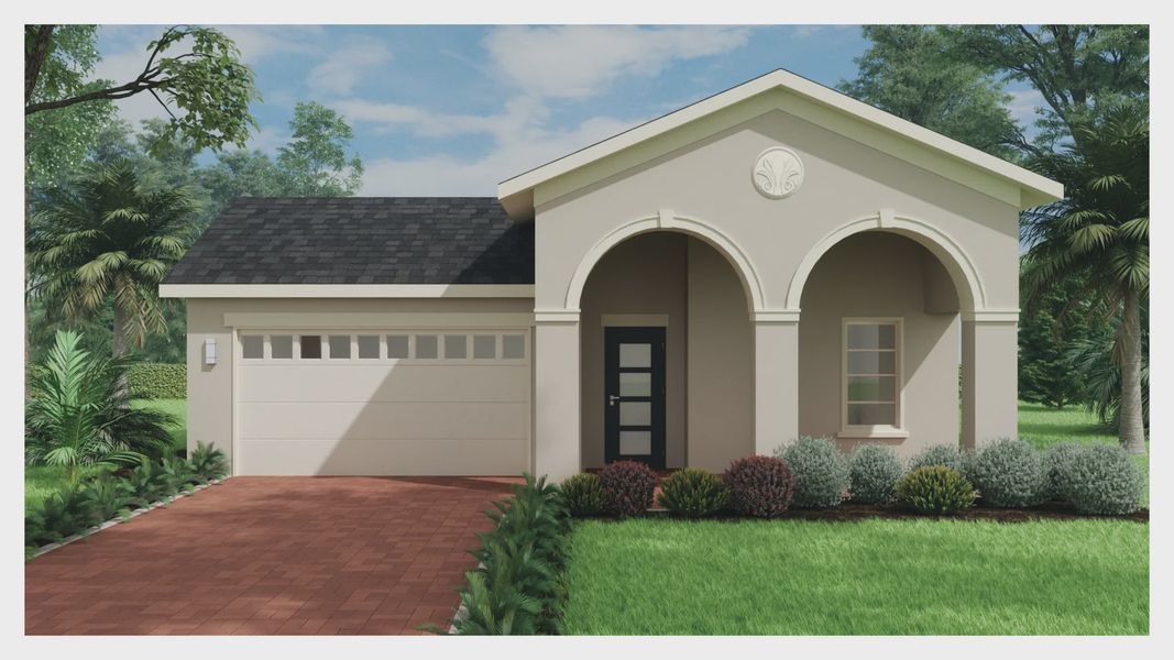 Representative exterior photo of a completed home built from the Muirfield West II by Jones Homes USA in Reserve at Twin Lakes, St. Cloud, FL (Image 3). Representative exterior photo of a completed home built from the Muirfield West II by Jones Homes USA in Reserve at Twin Lakes, St. Cloud, FL (Image 3).