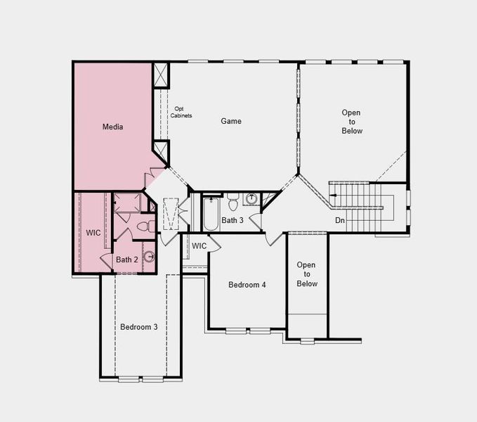 Second Floor Plan - Additional Highlights Include: Bedroom 5 with bath 4 in place of study, study in place of formal dining, media room in place of bedroom 2, and covered outdoor living Second Floor Plan - Additional Highlights Include: Bedroom 5 with bath 4 in place of study, study in place of formal dining, media room in place of bedroom 2, and covered outdoor living