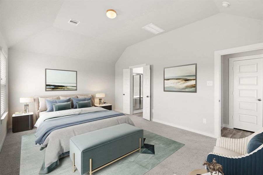 Escape and relax in the exquisite primary suite, a haven to unwind after a long day. The spacious room boasts plush carpeting, soothing paint tones, high ceilings, and expansive windows adorned with privacy blinds. Virtually Staged.