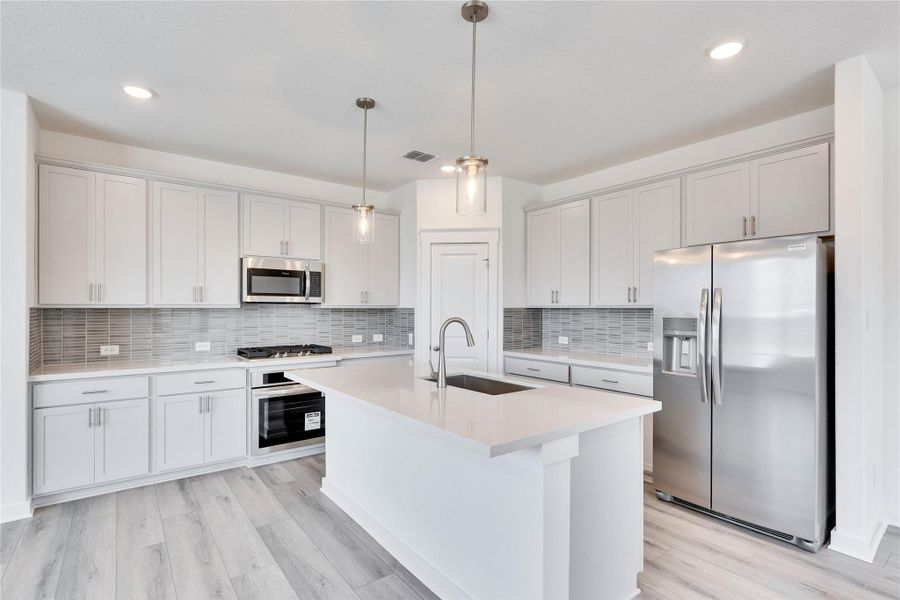 Kitchen with stainless steel appliances, decorative light fixtures, backsplash, an island with sink, and light wood-style floors