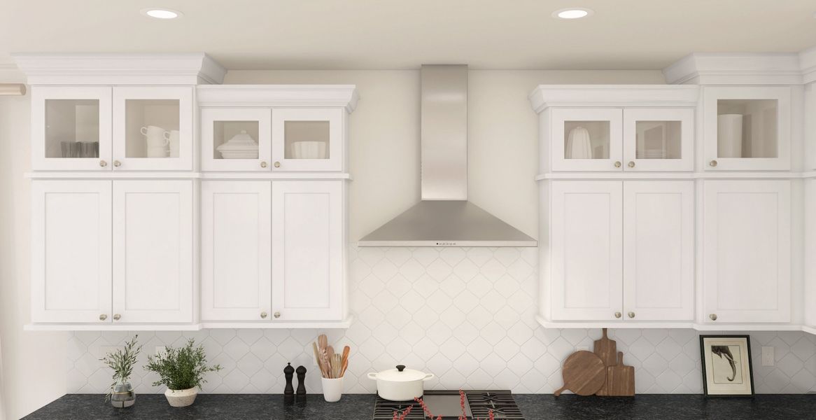 Kitchen with glass upper cabinets and vent hood Kitchen with glass upper cabinets and vent hood