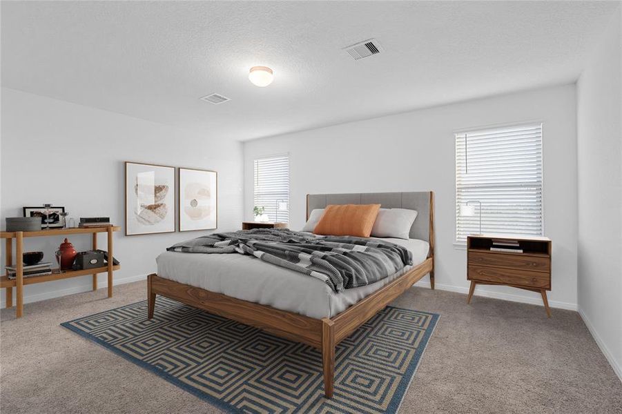 Come and unwind after a long day in this magnificent primary suite! This spacious room features plush carpet, warm paint, high ceilings, lighting, and large windows with privacy blinds.