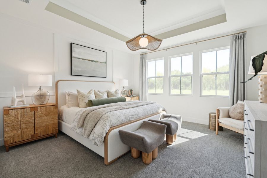 Primary suite with ceiling treatment & decorative feature wall