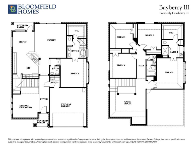 Bloomfield Homes Bayberry III two-story floor plan with five bedrooms, game room, and two-car garage on both levels.