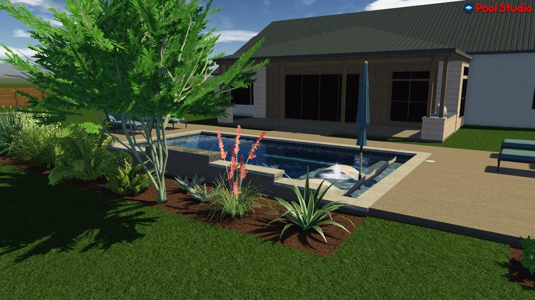 Rendering; Outdoor pool with a patio, a jacuzzi, and a lawn Rendering; Outdoor pool with a patio, a jacuzzi, and a lawn