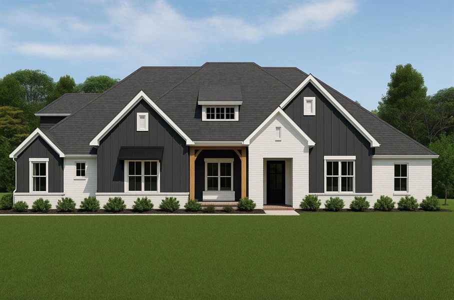View of front of house with board and batten siding, covered porch, and a front lawn
