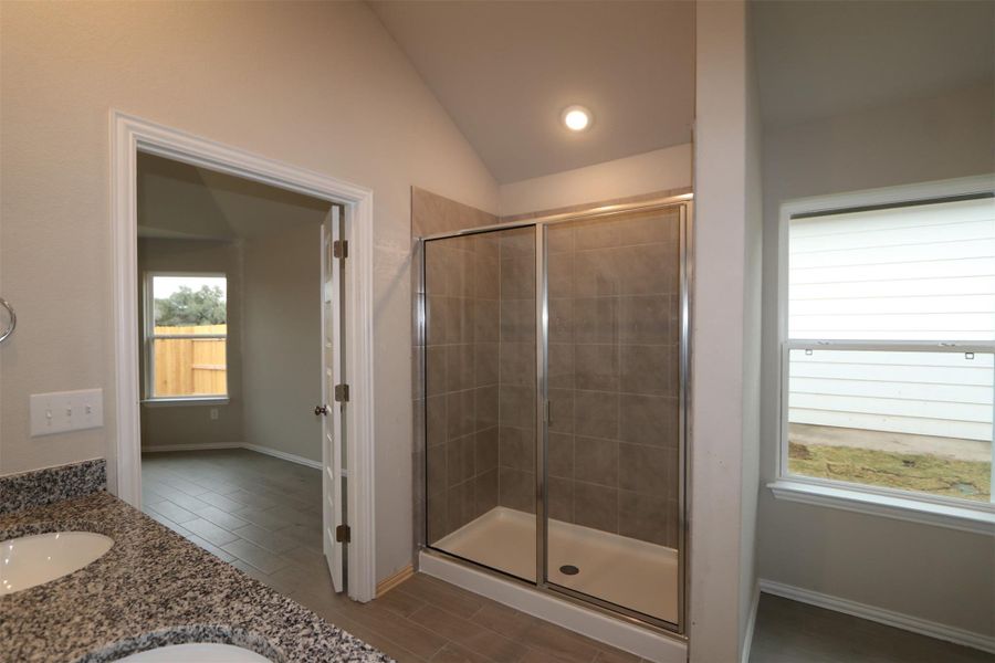 Bathroom with walk in shower, lofted ceiling, and vanity