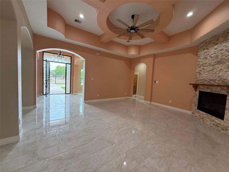 family room area with fireplace
