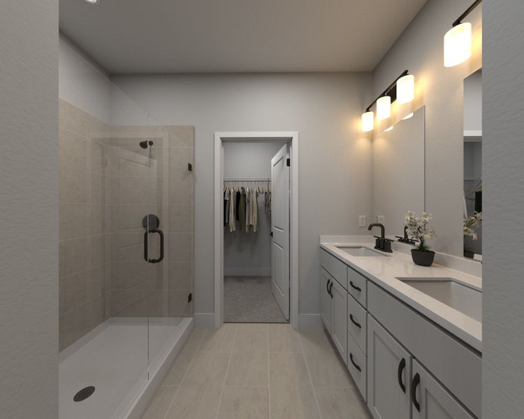 The primary bathroom offers dual vanity sinks and a walk-in closet.
