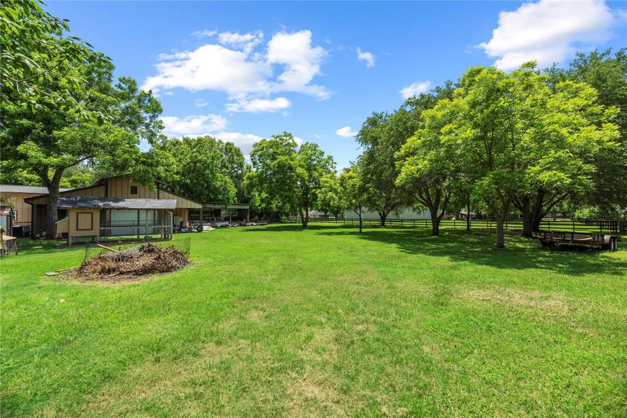 Sprawling green space framed by mature trees, offering exceptional privacy and endless outdoor potential.