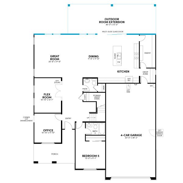 Floor 1: Outdoor Room Extension with Sliding Glass Door Option