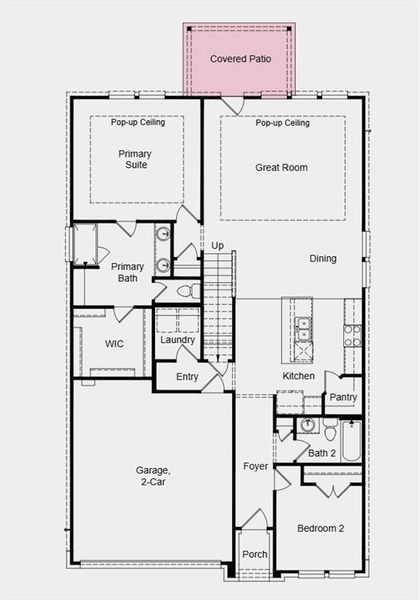 First Floor Plan - Additional Highlights Include: gourmet kitchen, pop up ceilings in the great room and primary bedroom, and a covered back patio with a gas drop First Floor Plan - Additional Highlights Include: gourmet kitchen, pop up ceilings in the great room and primary bedroom, and a covered back patio with a gas drop