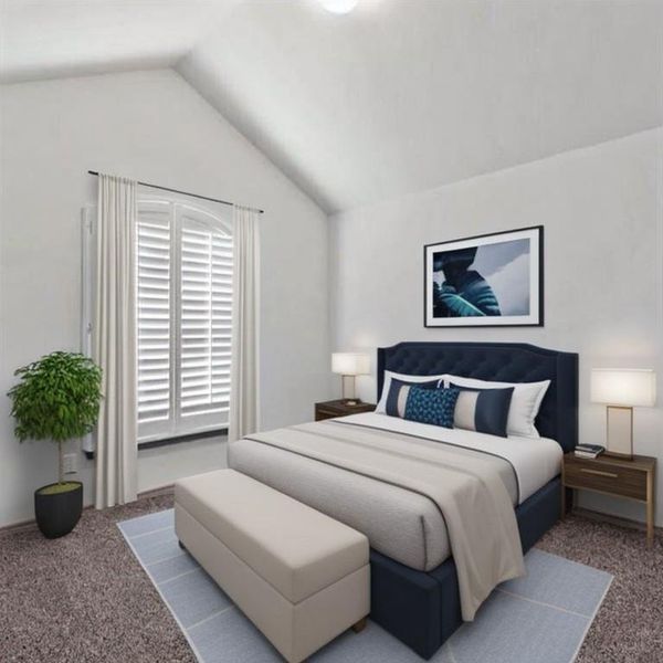 Second of three spacious secondary bedrooms featuring vaulted ceiling, large window allowing in an abundance of natural light, and lush carpet. **This image is from another Saratoga Home with similar floor plan - Myrtle Floorplan.**