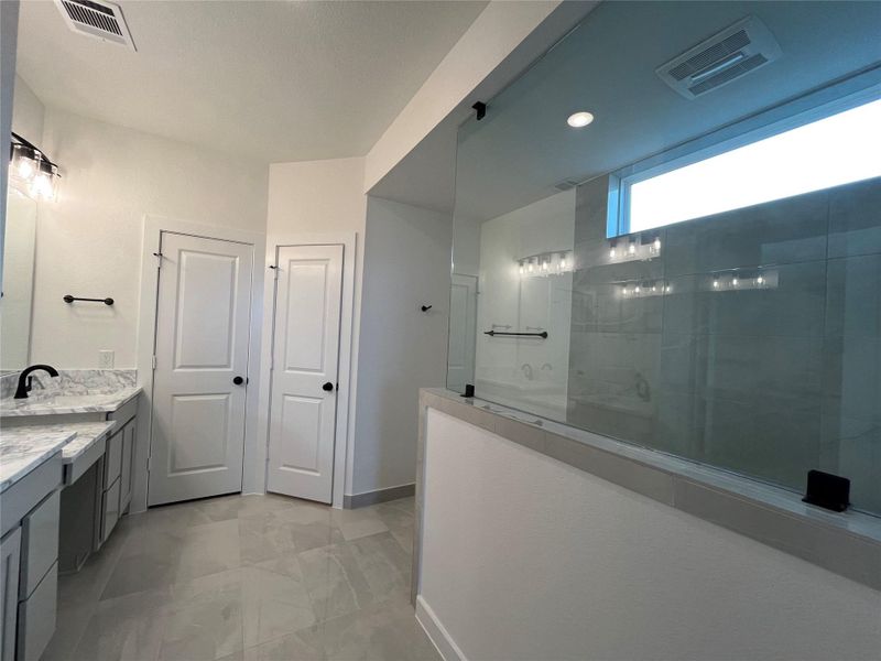 The main bathroom features an oversized walk-in shower, offering a luxurious and modern feel. There is no tub, emphasizing a sleek and spa-like design.