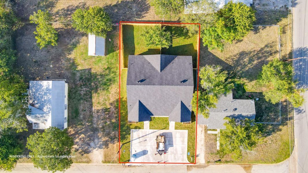 Aerial overview of property's location featuring property parcel outlined