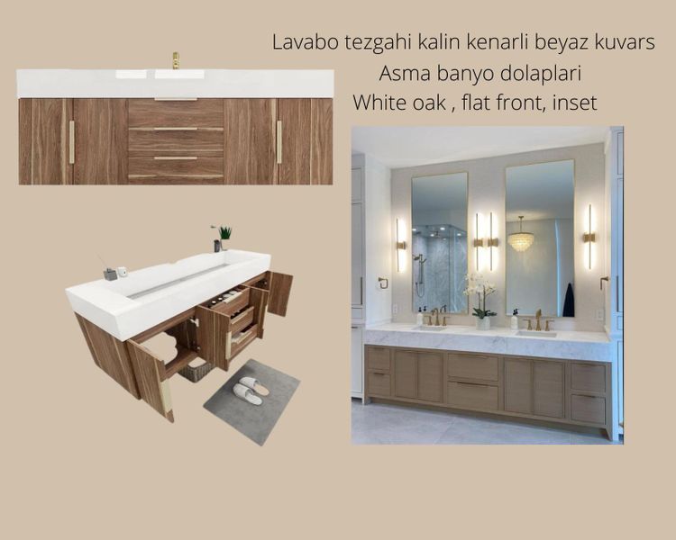Modern double vanity with white oak cabinetry and sleek quartz countertops defines this well-appointed bathroom. Modern double vanity with white oak cabinetry and sleek quartz countertops defines this well-appointed bathroom.