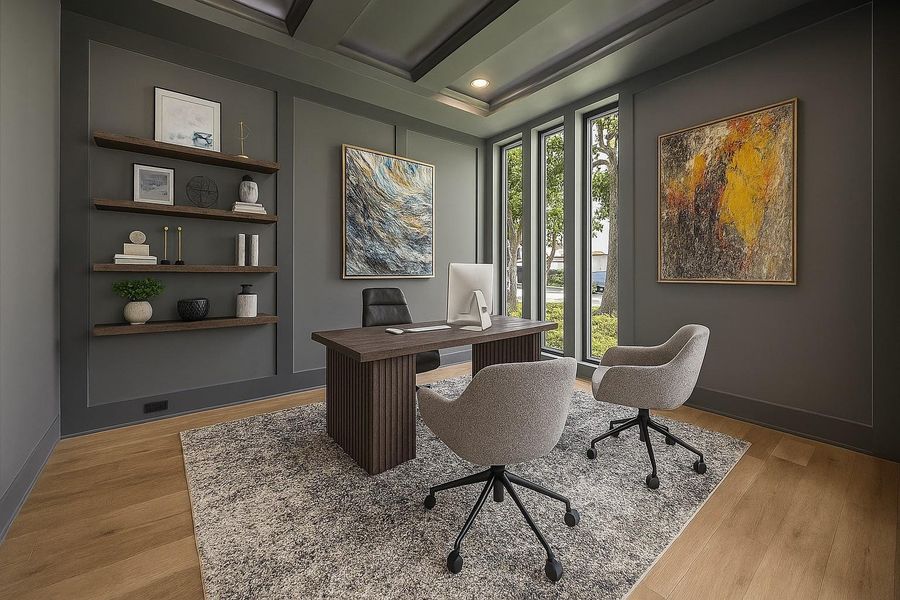 Virtually Staged. This private study offers a quiet retreat with a glass sliding door that allows it to be closed off for privacy. Overlooking the front yard, it provides a bright and peaceful setting ideal for work or relaxation.