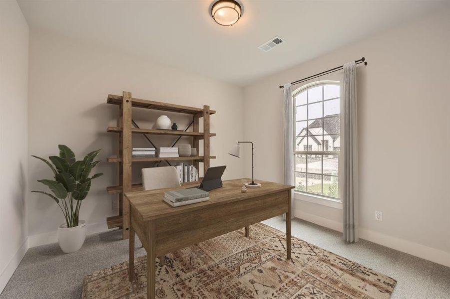 Home office featuring light carpet - Virtually Staged Photo Home office featuring light carpet - Virtually Staged Photo