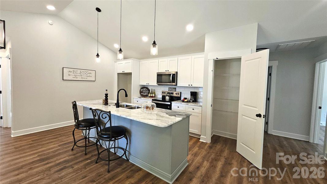 This is Kitchen without virtual staging of the fridge & stocked Pantry.