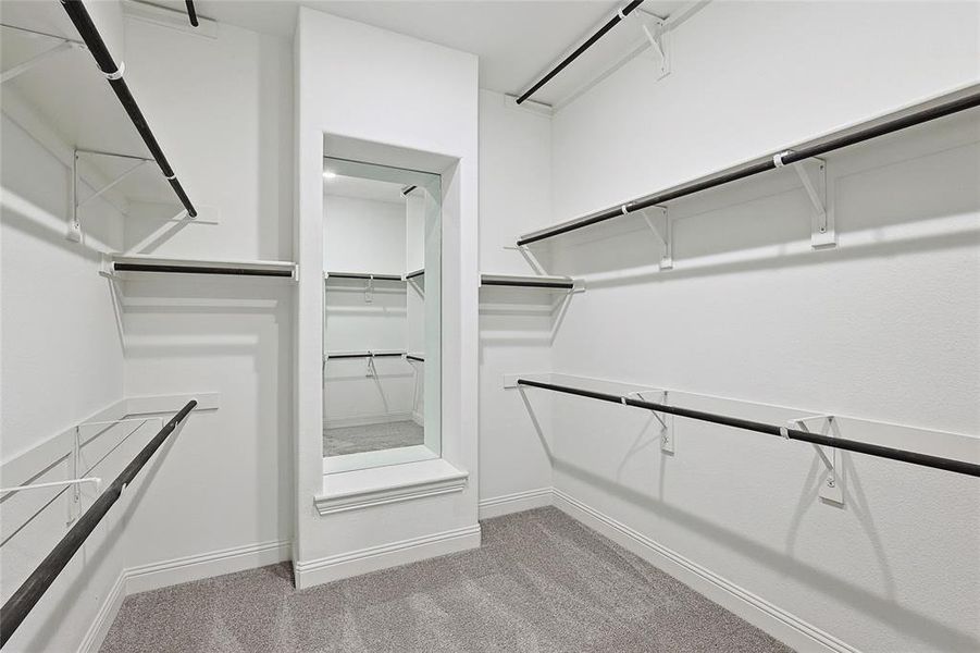 Walk in closet with light colored carpet