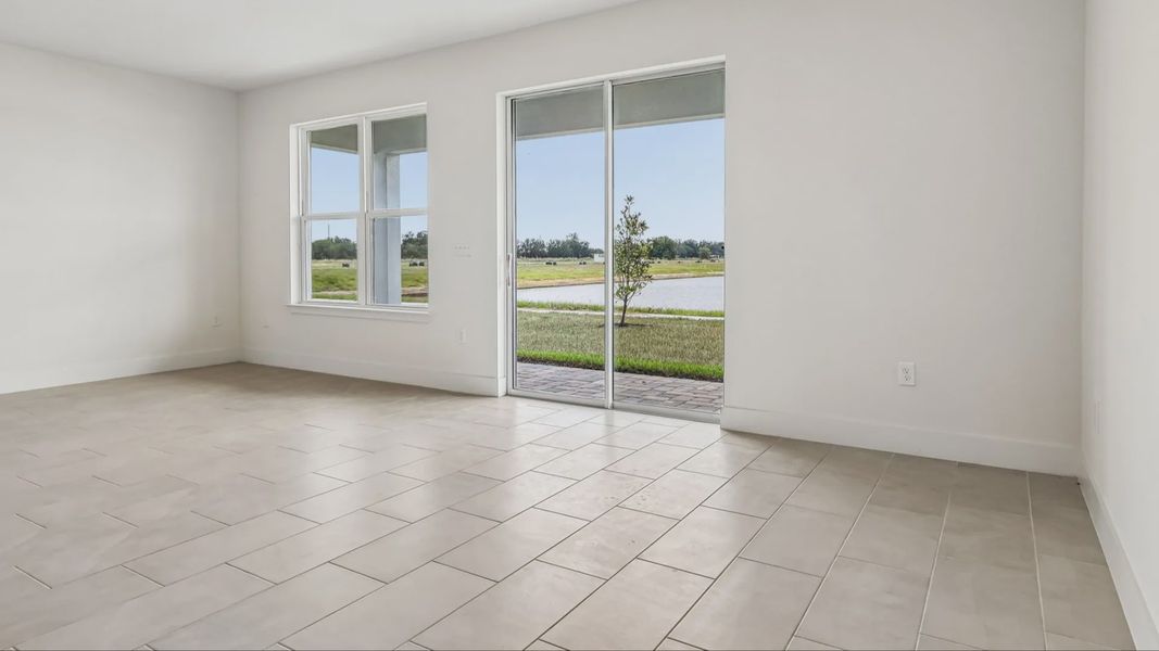 Longleaf Floor Plan Living Area and Lake Views DRB Homes Lakeside at Satilla in New Homes St. Cloud