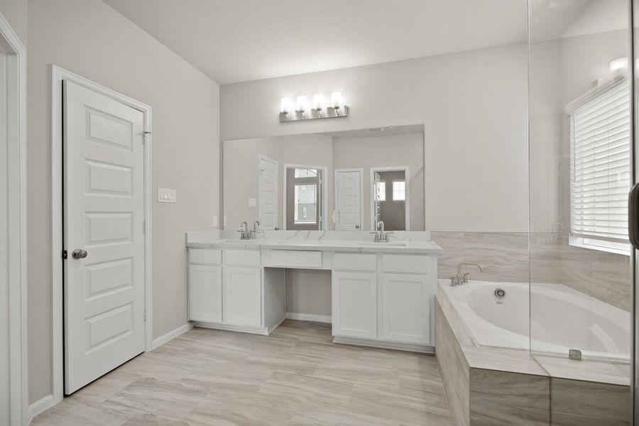 Primary bath with dual sinks, tub, and separate shower (*Photo not of actual home and used for illustration purposes only.) Primary bath with dual sinks, tub, and separate shower (*Photo not of actual home and used for illustration purposes only.)