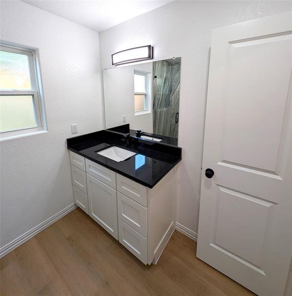 Bathroom with wood-type flooring and vanity