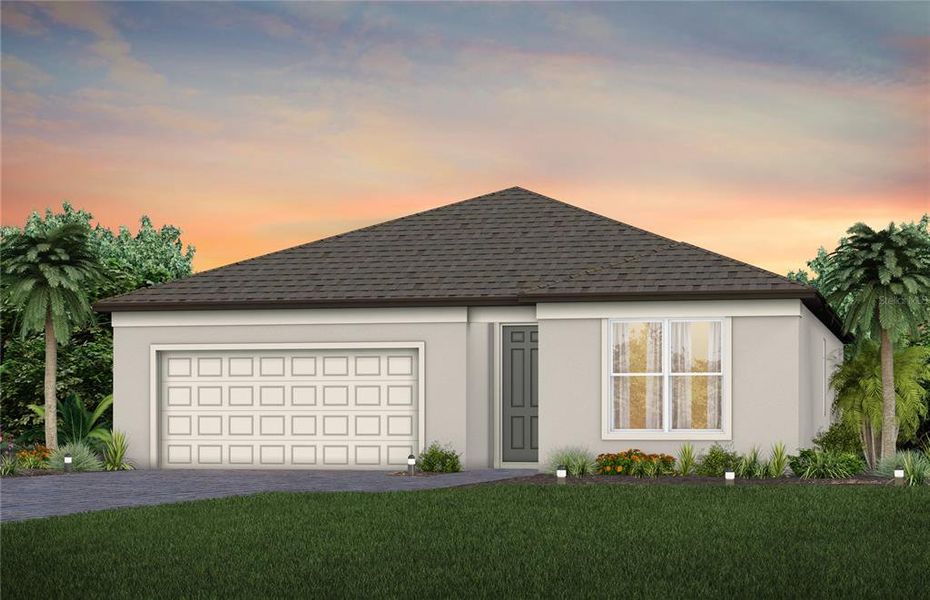 Front exterior of a new home in Del Webb Sunchase, Parrish, FL, highlighting curb appeal (Image 1). Front exterior of a new home in Del Webb Sunchase, Parrish, FL, highlighting curb appeal (Image 1).