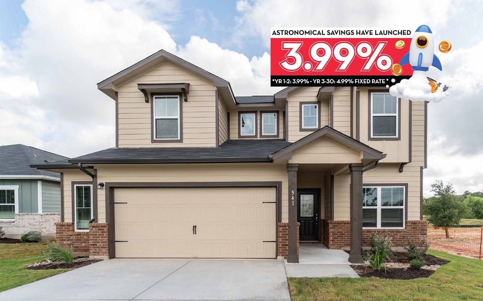 Front exterior of a new home in Paramount, Kyle, TX, highlighting curb appeal (Image 1).